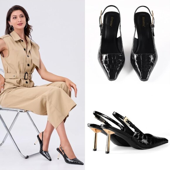 Amazon.com | XYD Women Versatile Crocodile Style Low Kitten  Women\'s Black Croc Pattern 3.5 in / 4 in Kitten Heel Closed Toe Pump Dress Shoes